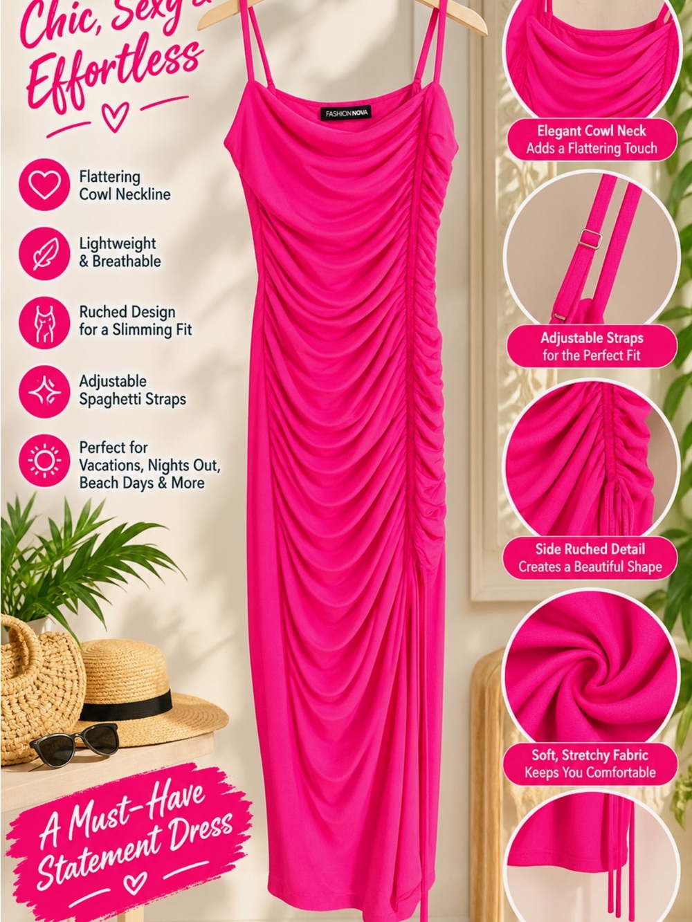 Fashion Nova Fuchsia Ruched Cowl Neck Maxi Dress